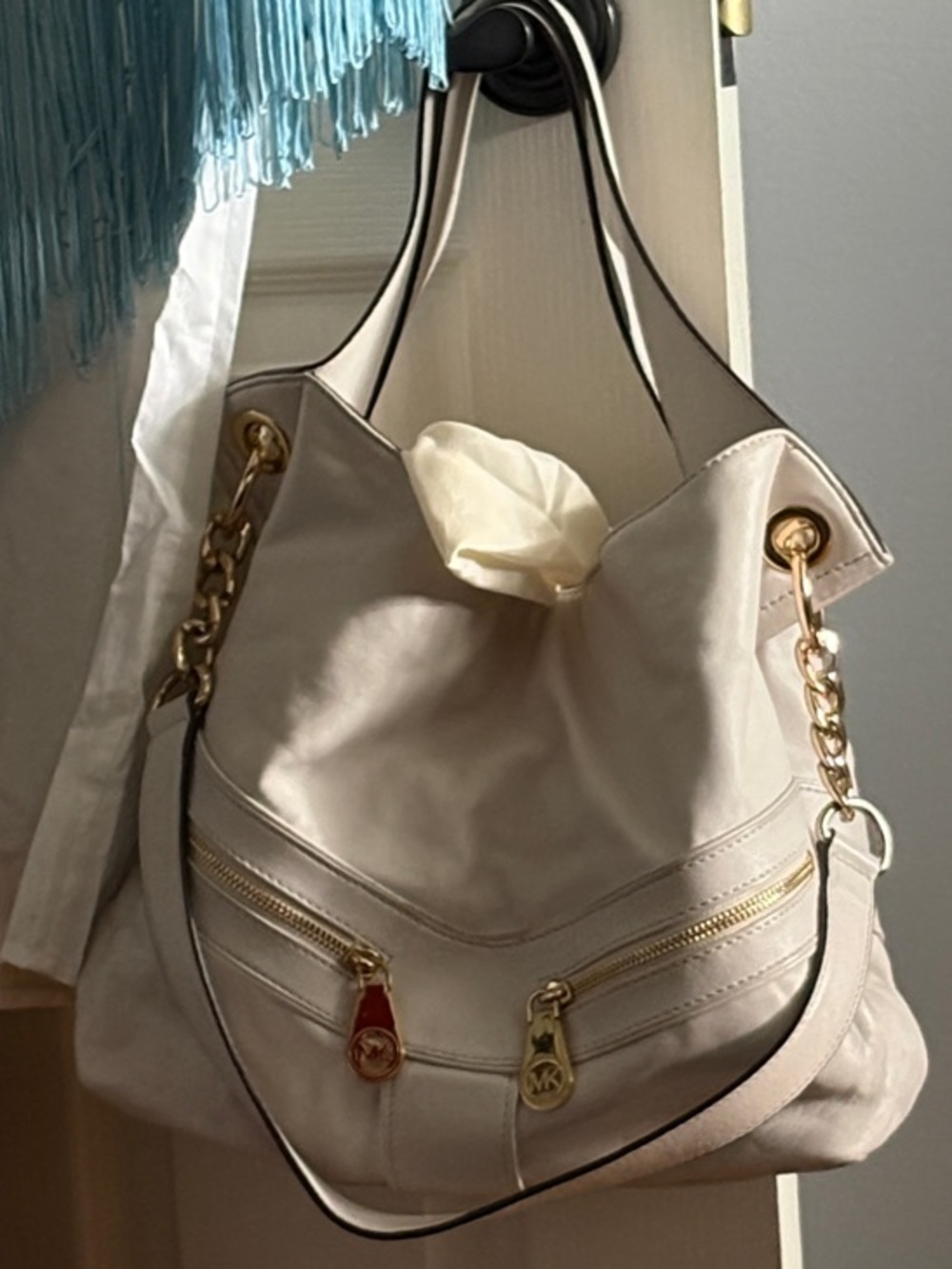 Cream Leather Hobo Bag with Gold Hardware